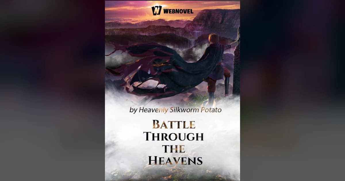 Battle Through the Heavens cover shows a caped figure facing layered mountains under a sunset