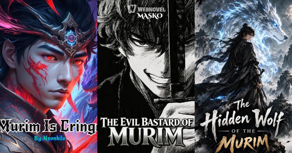 Three Webnovel covers side by side: a red-eyed youth for Murim Is Cringe, a grinning swordsman for The Evil Bastard of Murim, a robed figure and spirit wolf for The Hidden Wolf of Murim