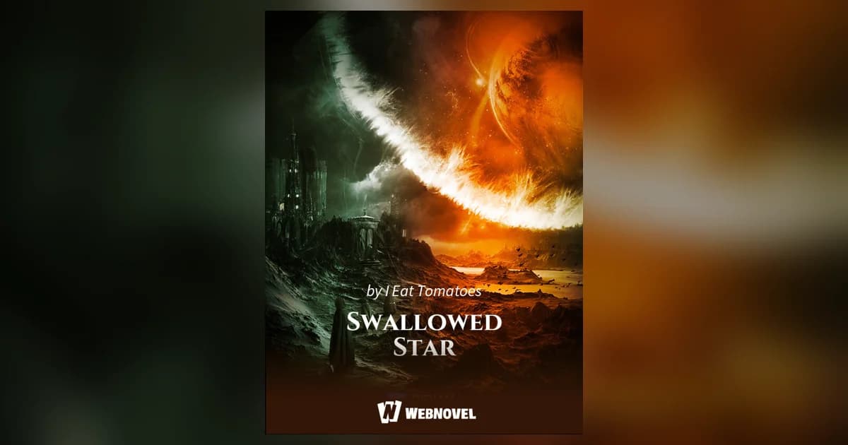 Swallowed Star cover by I Eat Tomatoes: a cloaked figure on a dark ridge under a sky split by a burning planet