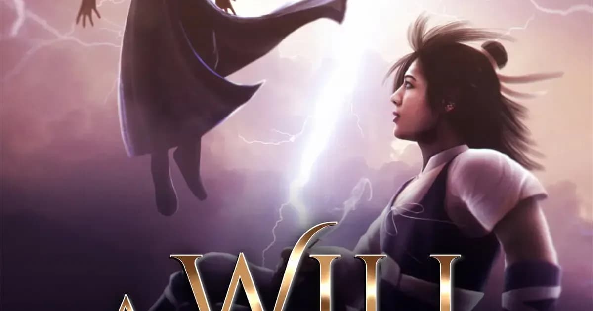 Crop of the A Will Eternal cover: a young man with a topknot looks up at a robed figure leaping through white lightning