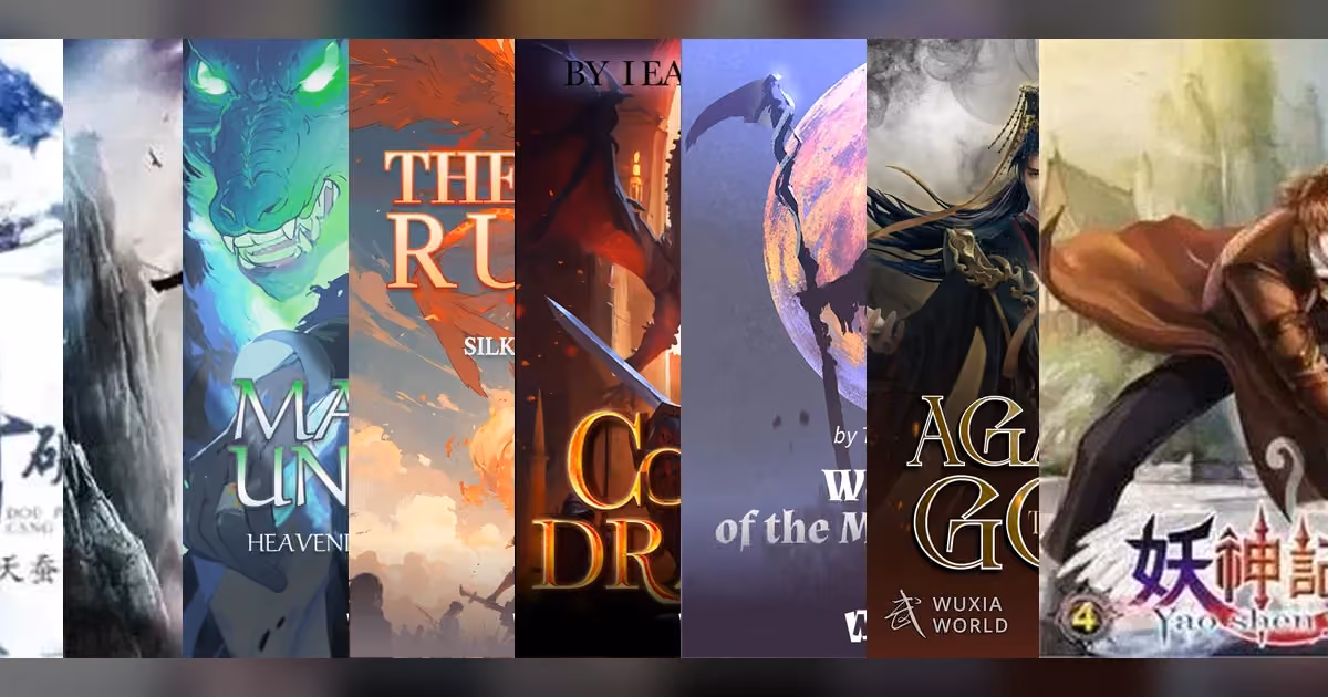 Real Wuxiaworld and Webnovel covers for eight xuanhuan novels including Battle Through the Heavens and Coiling Dragon