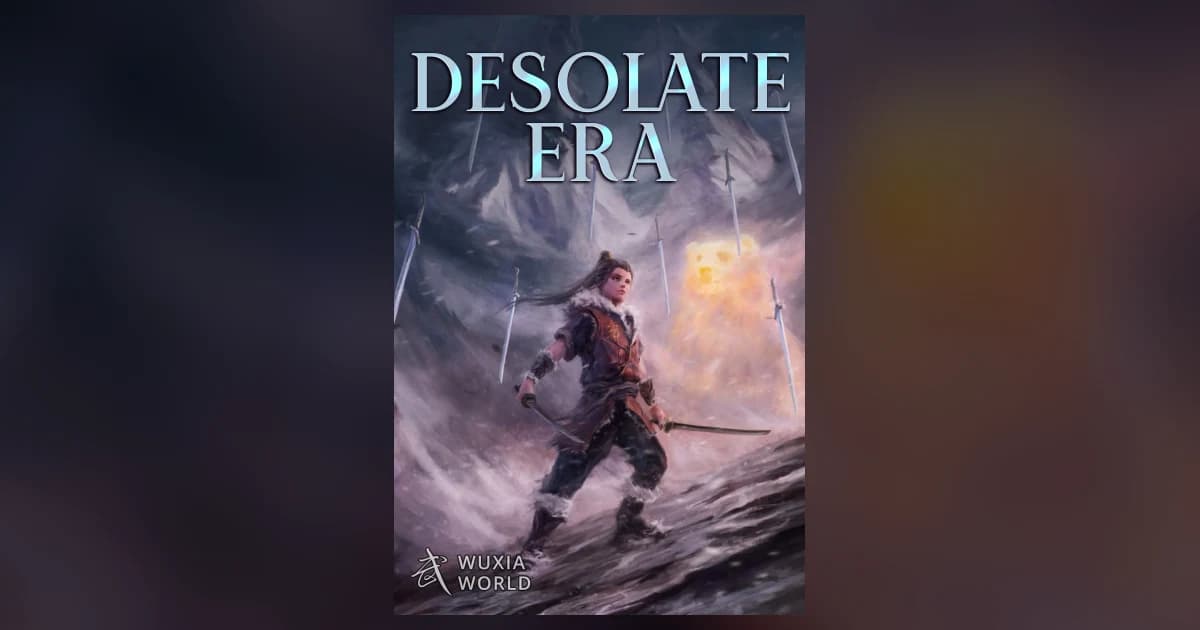 Official Wuxiaworld cover for Desolate Era shows a young swordsman on a snowy slope with blades standing in the storm behind him, under the title