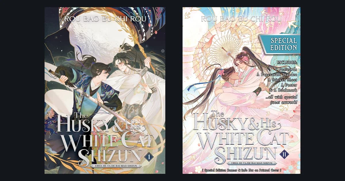 Seven Seas covers for The Husky and His White Cat Shizun volume one, two men fighting under a full moon, and the pastel volume eleven special edition