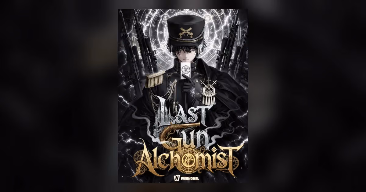 Official WebNovel cover for Last Gun Alchemist showing a uniformed figure, rifles, and alchemical symbols