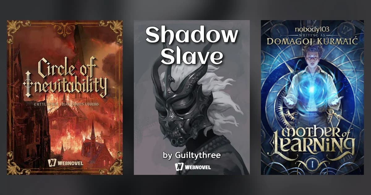 Covers of Circle of Inevitability, Shadow Slave and Mother of Learning side by side