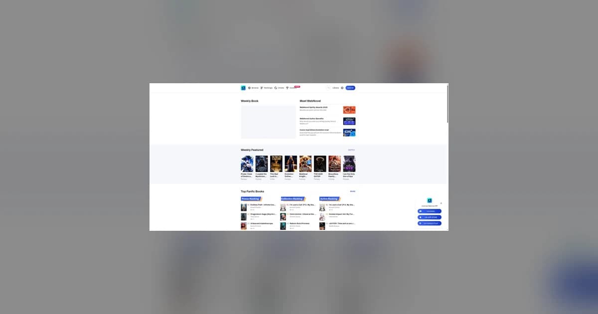 Real Webnovel homepage screenshot showing the platform's reading and featured-book interface