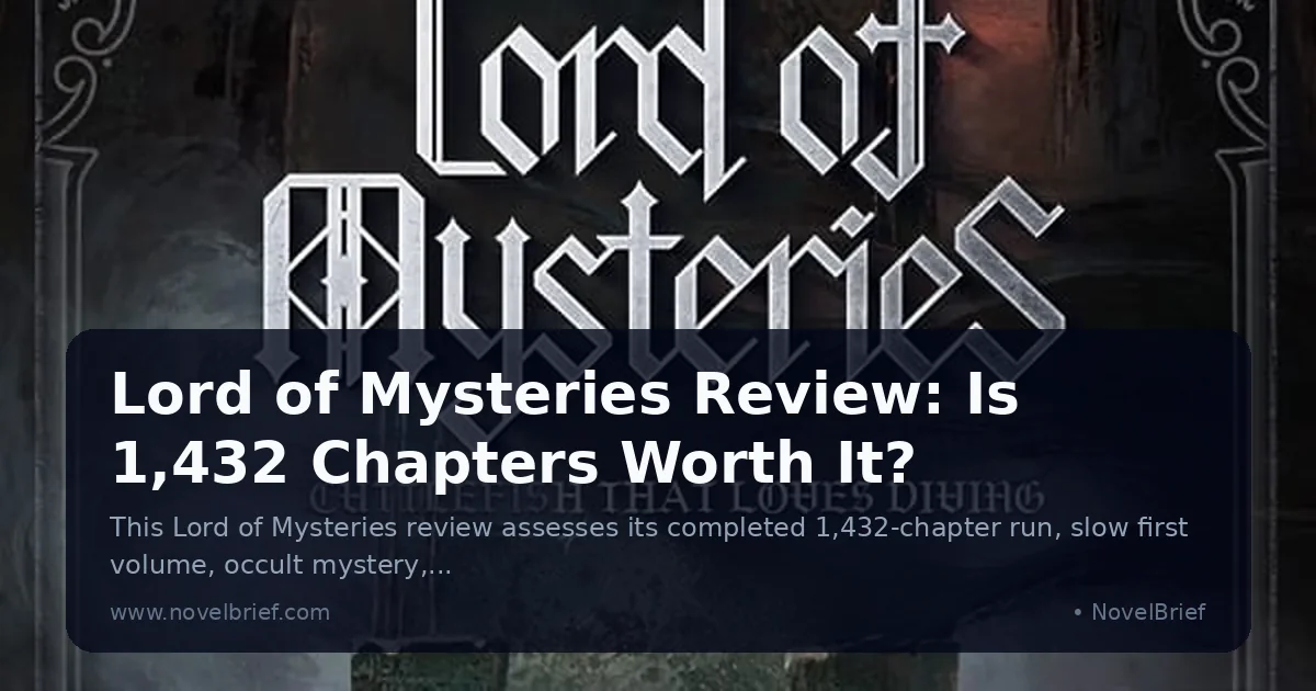 Official Lord of Mysteries cover showing gothic silver lettering above a shadowed industrial city