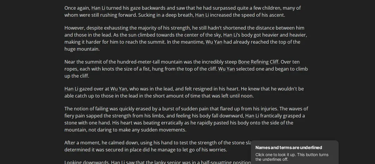 A Record of a Mortal's Journey to Immortality Chapter 4 on Wuxiaworld: Wu Yan reaches the Bone Refining Cliff ropes while Han Li falls behind