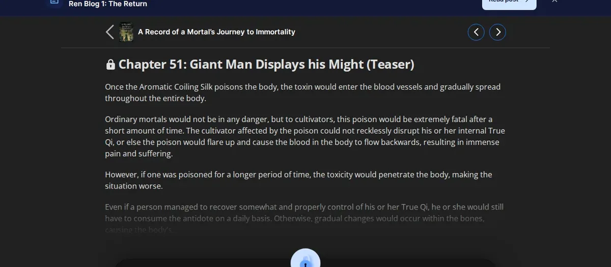 A Record of a Mortal's Journey to Immortality Chapter 51, Giant Man Displays his Might, marked Teaser and locked on Wuxiaworld