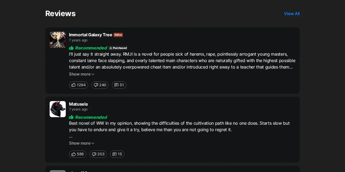 Wuxiaworld reader reviews of A Record of a Mortal's Journey to Immortality: Immortal Galaxy Tree (Editor, Purchased) and Matusela, both Recommended, seven years old