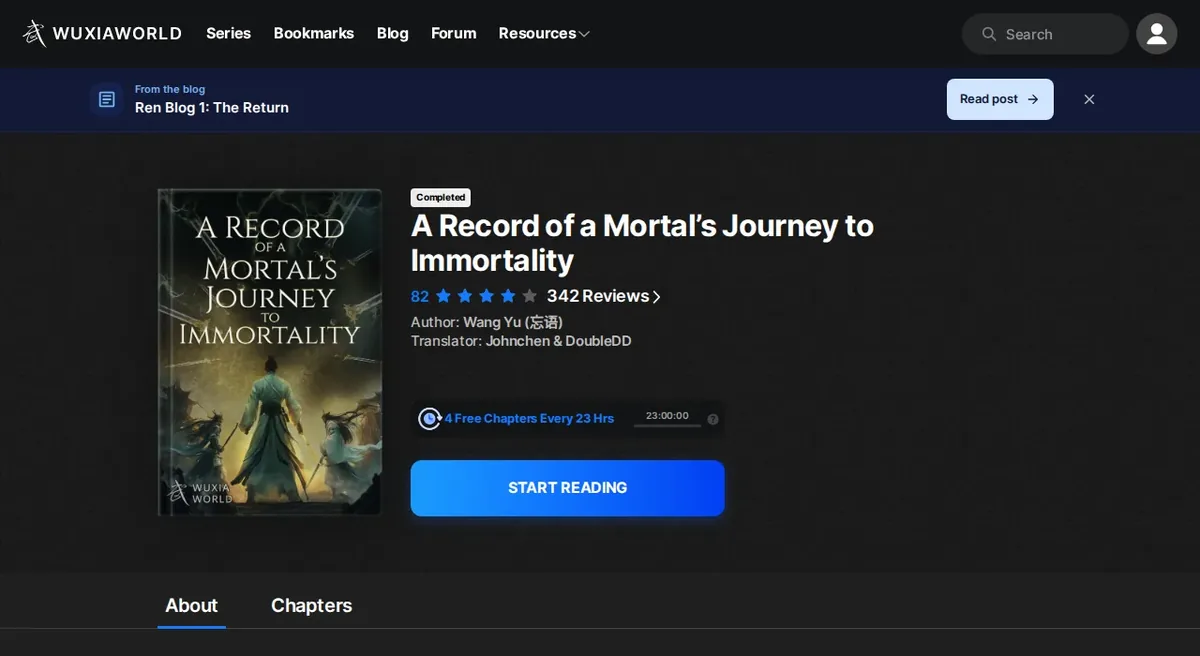 Wuxiaworld listing for A Record of a Mortal's Journey to Immortality showing the Completed badge, a score of 82 from 342 reviews, author Wang Yu and translators Johnchen and DoubleDD