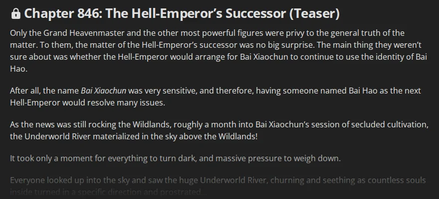 Wuxiaworld chapter 846, The Hell-Emperor's Successor, teaser: the Grand Heavenmaster and the most powerful figures expected the succession, and having someone named Bai Hao as the next Hell-Emperor would resolve many issues