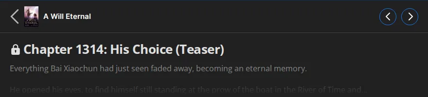 Wuxiaworld teaser for A Will Eternal chapter 1314, His Choice, opening with Bai Xiaochun at the prow of a boat