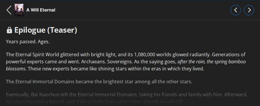 Wuxiaworld epilogue teaser for A Will Eternal describing the Eternal Spirit World's 1,080,000 worlds