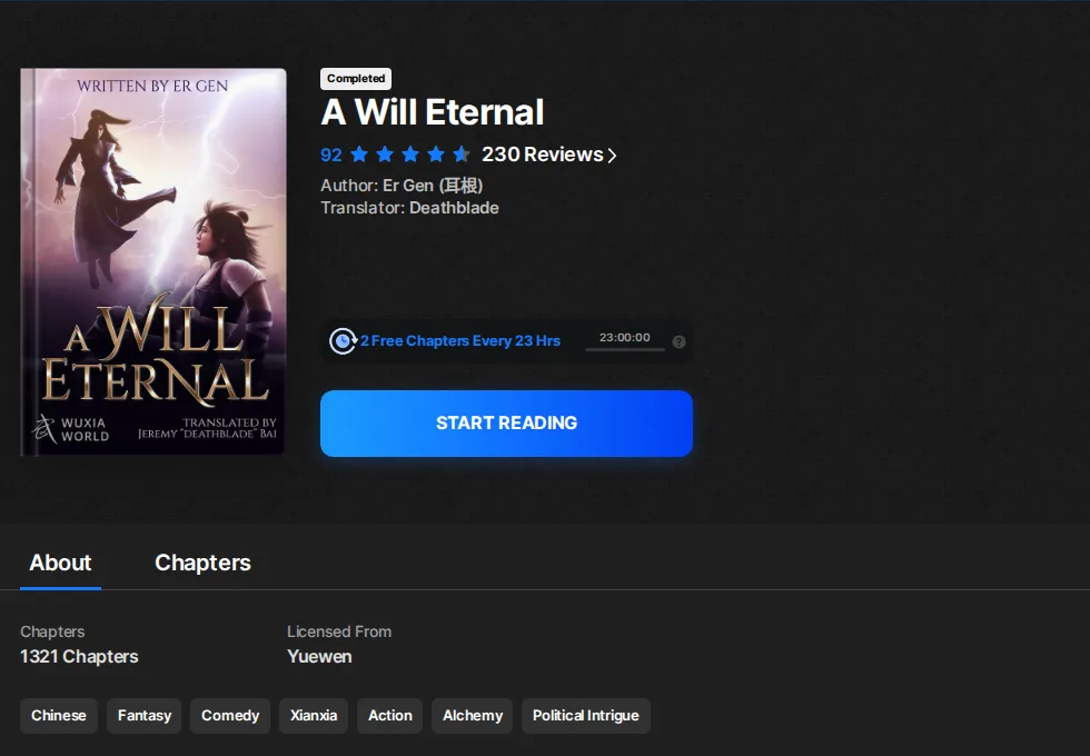 Wuxiaworld A Will Eternal series page showing Completed, 1321 chapters, Er Gen as author and Deathblade as translator