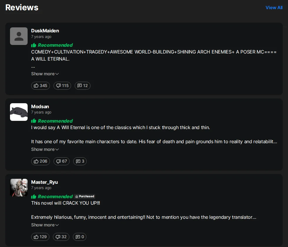 The three most-liked reader reviews of A Will Eternal on Wuxiaworld, by DuskMaiden, Modsan and Master_Ryu, all marked Recommended