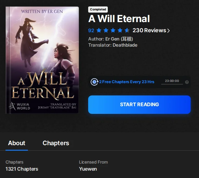 Wuxiaworld's A Will Eternal page showing the Completed label, the review score, author Er Gen and translator Deathblade