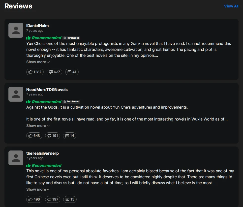 Three Recommended reader reviews of Against the Gods on Wuxiaworld from lDanielHolm, NeedMoreTDGNovels and therealsilverderp