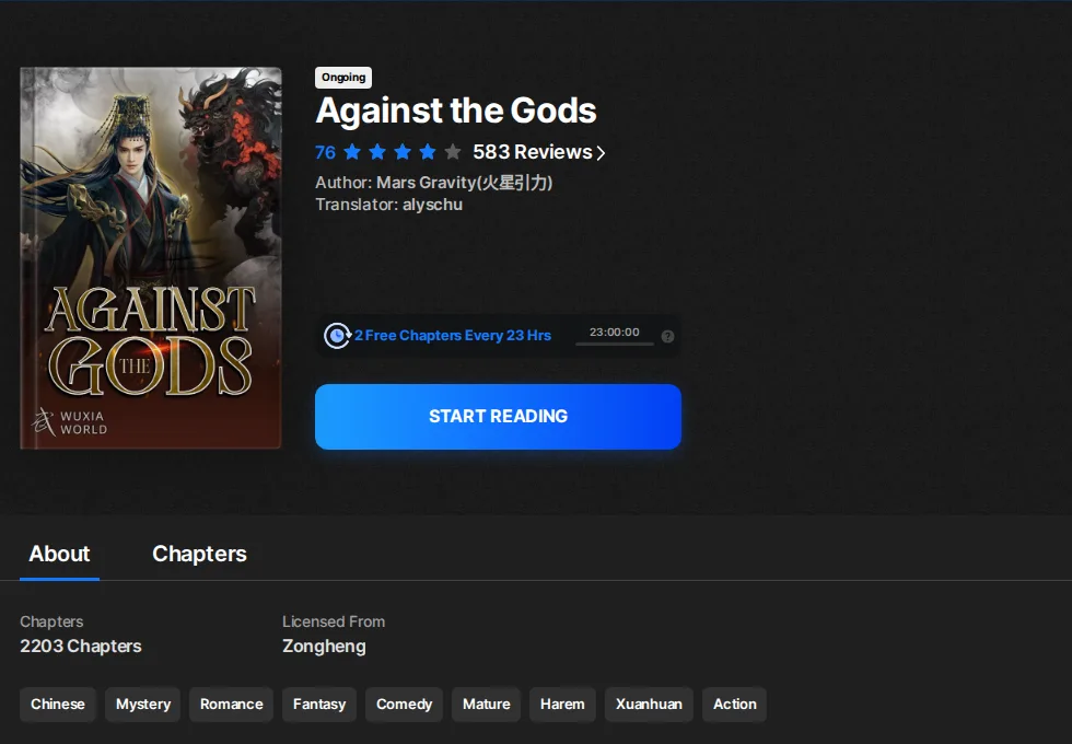 Wuxiaworld listing for Against the Gods showing Ongoing status, a 76 score, 583 reviews, 2203 chapters and the tag row