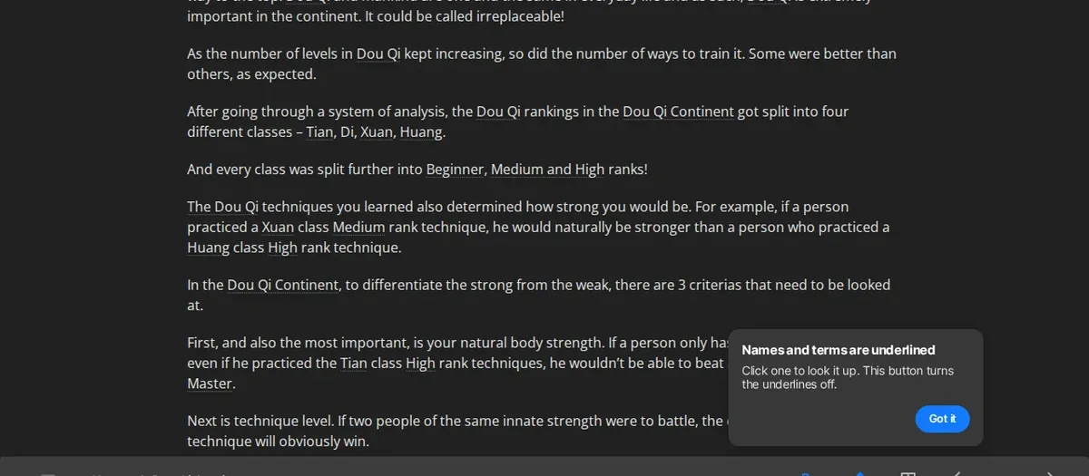 Battle Through the Heavens Chapter 2 on Wuxiaworld: the Tian, Di, Xuan, Huang rank explanation with underlined terms and a Names and terms are underlined pop-up