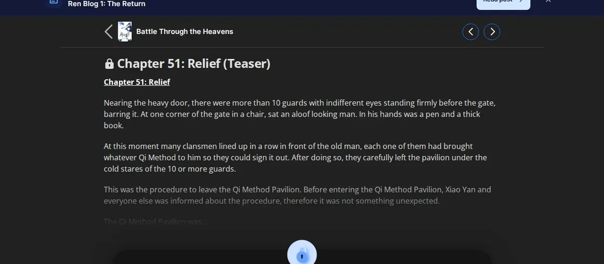 Battle Through the Heavens Chapter 51, Relief, marked Teaser and locked on Wuxiaworld