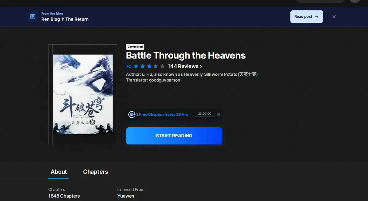Wuxiaworld listing for Battle Through the Heavens showing the Completed badge, a score of 70 from 144 reviews, author Li Hu and translator goodguyperson