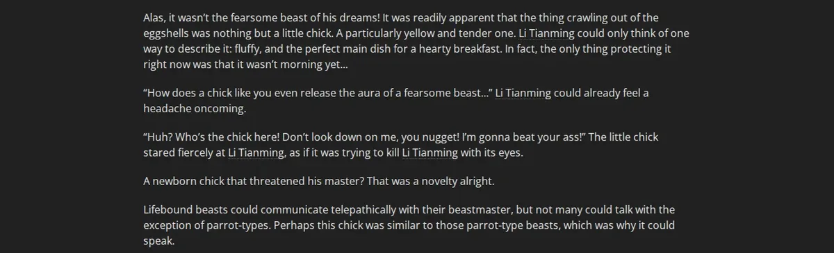 Beastmaster of the Ages Chapter 2 on Wuxiaworld: the newborn chick calls Li Tianming a nugget and threatens him