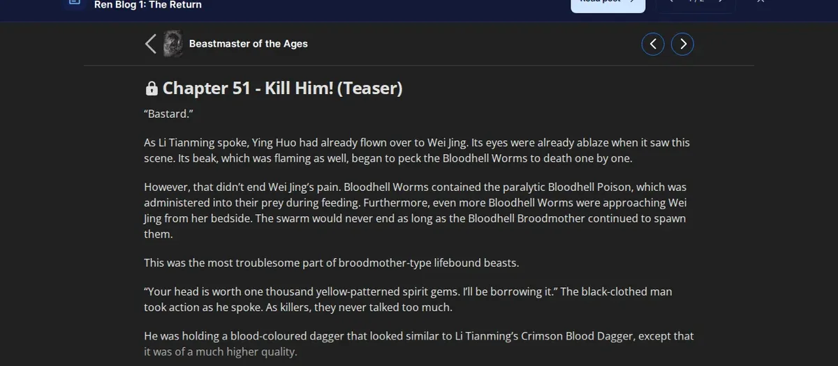 Beastmaster of the Ages Chapter 51, Kill Him!, marked Teaser and locked on Wuxiaworld