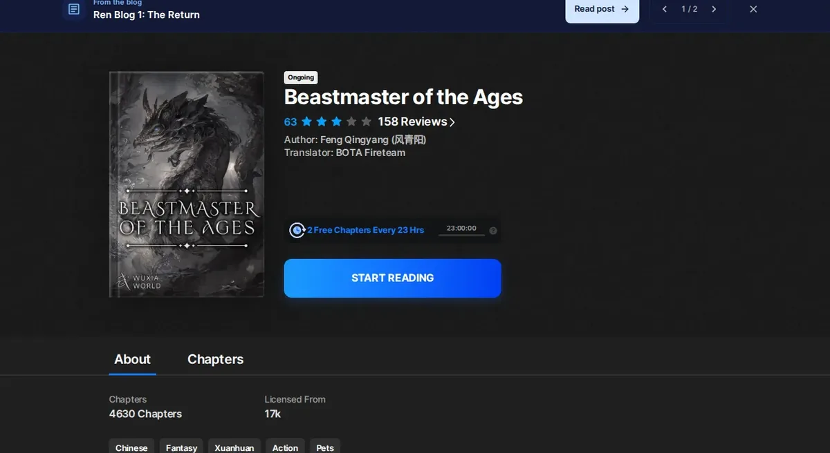 Wuxiaworld listing for Beastmaster of the Ages showing the Ongoing badge, a score of 63 from 158 reviews, author Feng Qingyang and translator BOTA Fireteam, and the 2 free chapters every 23 hours timer