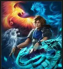 Official Wuxiaworld cover for Coiling Dragon, a young warrior surrounded by a phoenix, a white tiger and two dragons