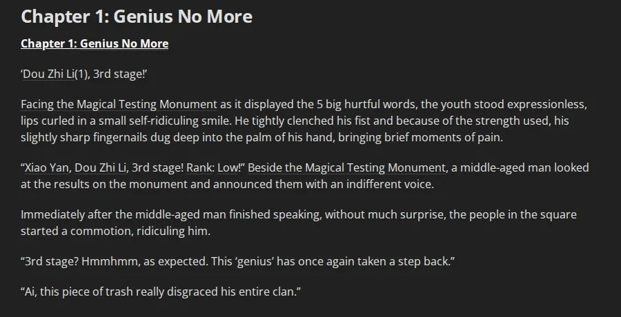 Opening of Battle Through the Heavens Chapter 1, Genius No More, on Wuxiaworld: Xiao Yan's 3rd stage result on the Magical Testing Monument