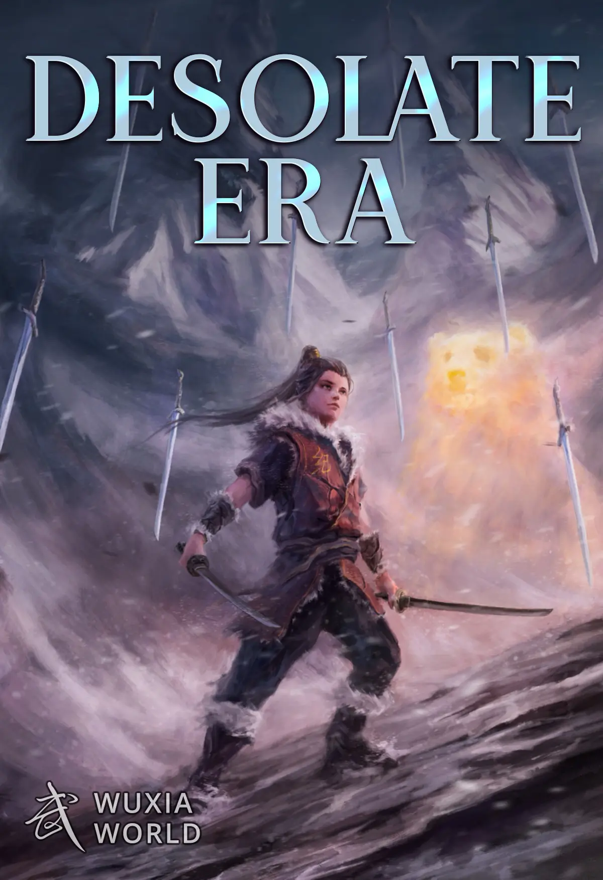 Official Wuxiaworld cover for Desolate Era, with the title above an armed traveler in a storm of blades