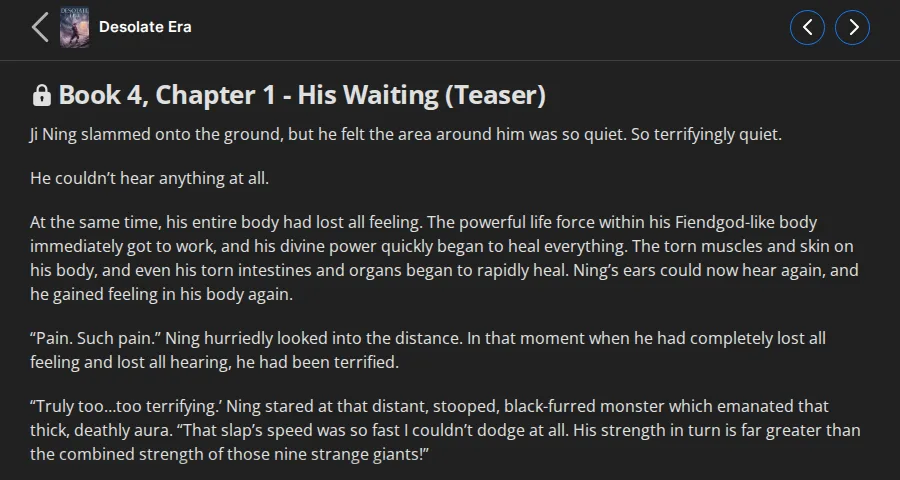 Desolate Era Book 4, Chapter 1, His Waiting, marked Teaser and locked on Wuxiaworld