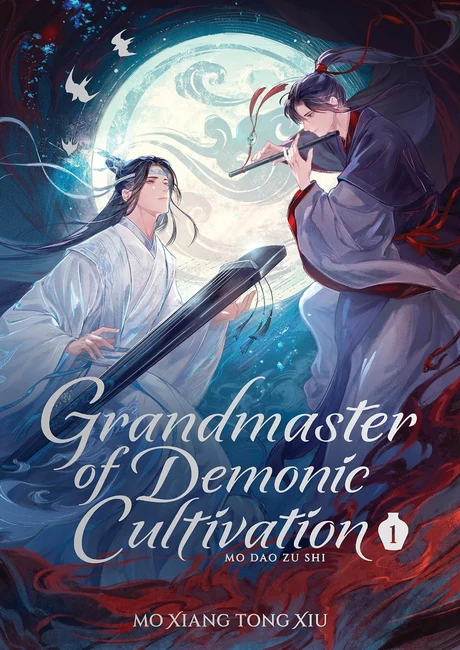 Grandmaster of Demonic Cultivation volume one cover with two cultivators under a moonlit sky