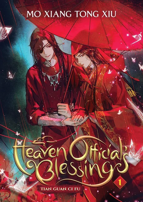 Heaven Official's Blessing volume one cover with two figures beneath a red umbrella