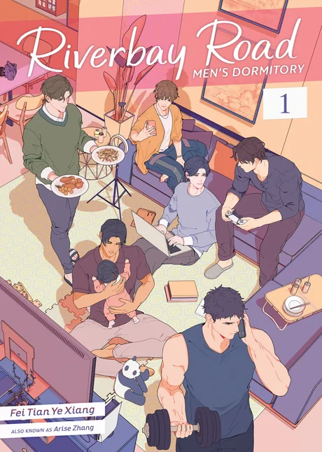 Riverbay Road Men's Dormitory Vol. 1 cover, housemates cooking, gaming and lifting weights in a bright shared living room
