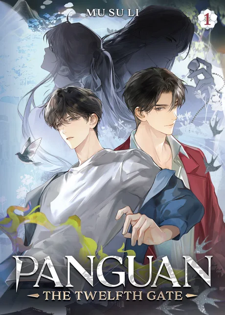 Panguan: The Twelfth Gate Vol. 1 cover, two young men in front of ghostly figures and black swallows