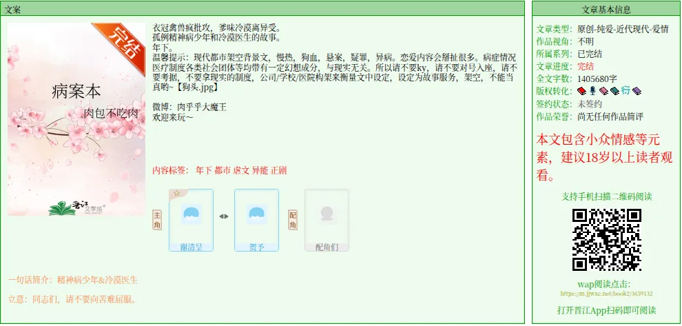 Jinjiang Literature City page for 病案本 by 肉包不吃肉 marked 完结, 1405680 characters, with tags including 虐文 and 异能