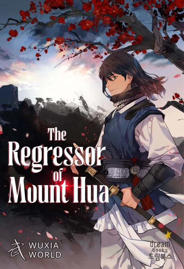 The Regressor of Mount Hua Wuxiaworld cover, a young swordsman in blue robes under red plum blossoms
