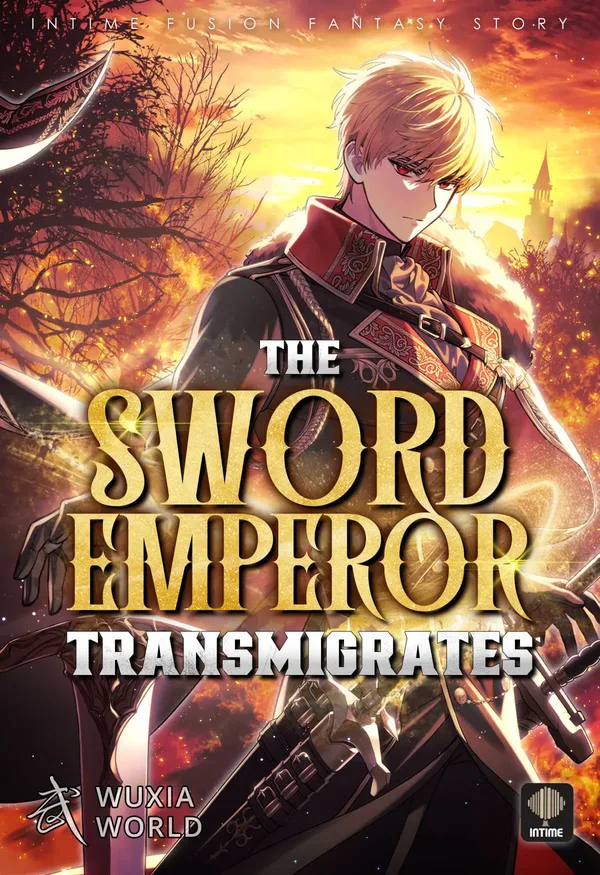 The Sword Emperor Transmigrates Wuxiaworld cover, a blond swordsman in a red-trimmed coat in front of a burning sky