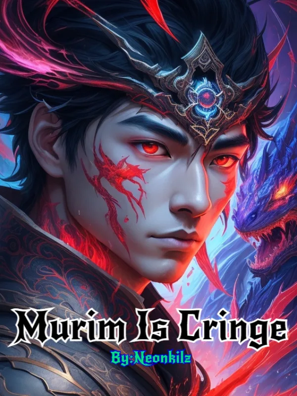 Webnovel cover for Murim Is Cringe, a red-eyed young man in an ornate headpiece with a red scar on his cheek