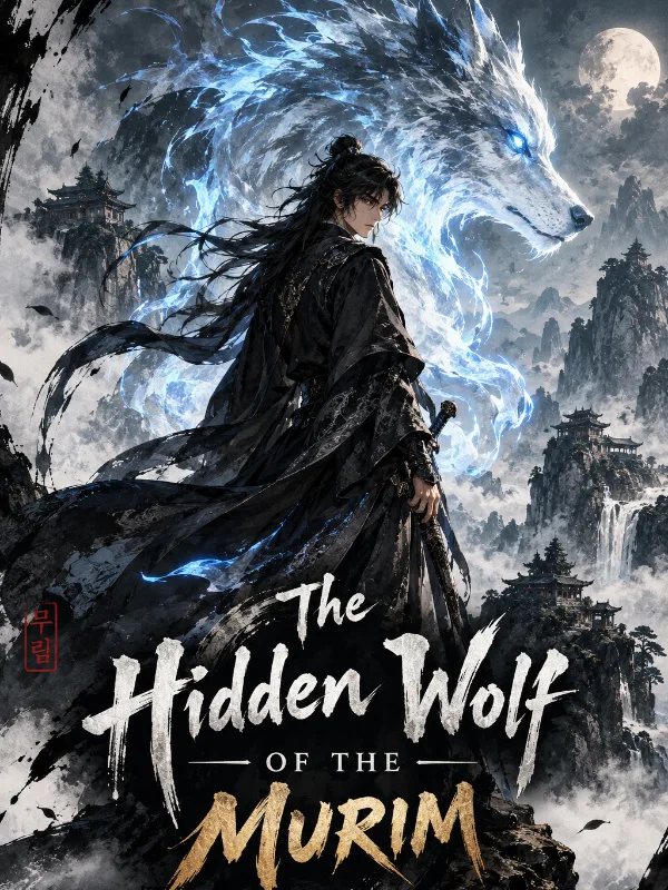 Webnovel cover for The Hidden Wolf of Murim, a robed swordsman on a cliff below a glowing spirit wolf