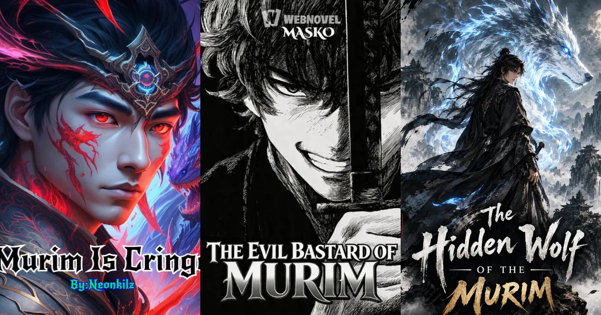 Three Webnovel covers side by side: a red-eyed youth for Murim Is Cringe, a grinning swordsman for The Evil Bastard of Murim, a robed figure and spirit wolf for The Hidden Wolf of Murim