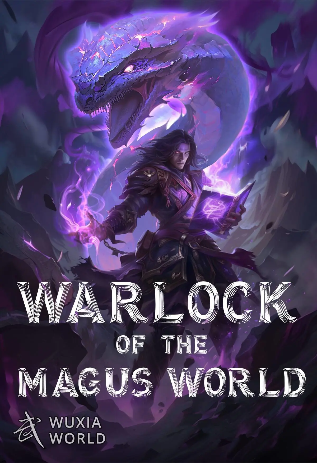 Warlock of the Magus World cover: a dark-clad figure holds a glowing purple book beneath a coiling purple dragon