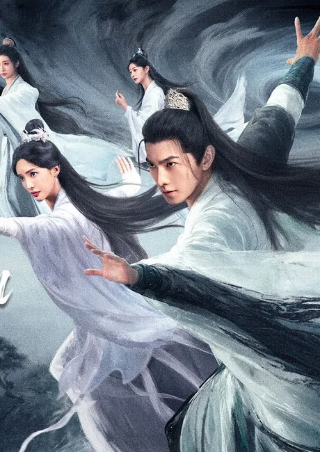 Official episode 1 thumbnail for The Immortal Ascension: a young man in white robes mid-strike, with several women in white behind him under swirling clouds