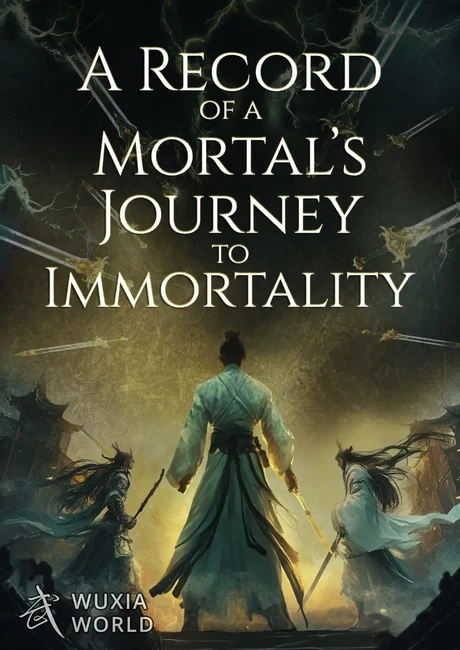 A Record of a Mortal's Journey to Immortality official Wuxiaworld cover art, Han Li facing two robed cultivators