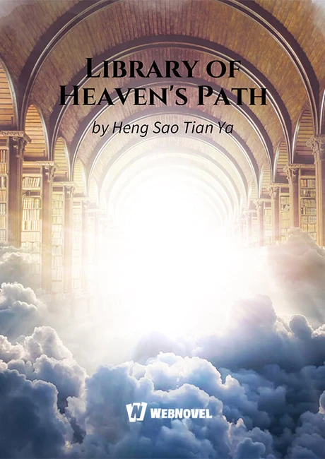 Library of Heaven's Path official Webnovel cover, a glowing library hall of arches opening onto sunlit clouds