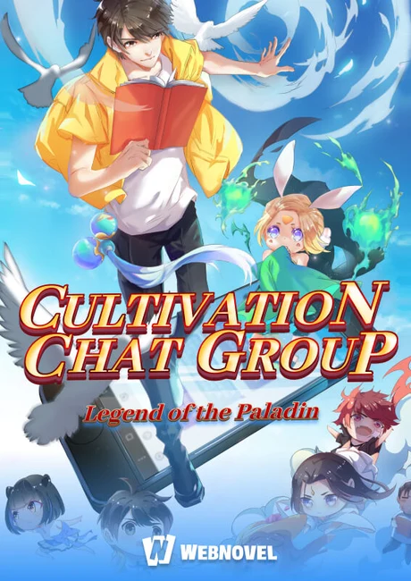 Cultivation Chat Group official Webnovel cover, Song Shuhang reading a red book while chibi chat-group members float around him
