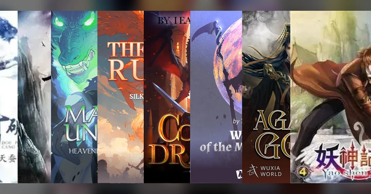 Real covers from Webnovel and Wuxiaworld showing eight xuanhuan novels