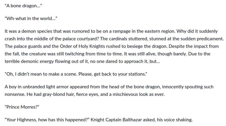 Chapter 1 of Children of the Holy Emperor on Tapas: Prince Morres climbs off the head of a bone dragon that has crashed into the palace courtyard
